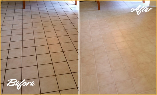 Before and After Picture of a Austin Kitchen Tile and Grout Cleaned to Remove Embedded Dirt