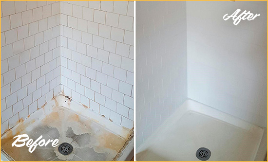 Before and After Picture of a Austin Shower Tile and Grout Cleaned to Remove Soap Scum