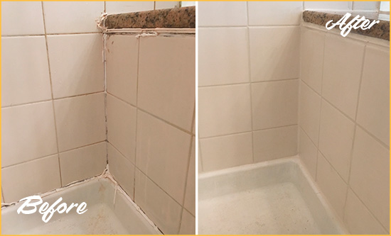 Before and After Picture of a Volente Shower Caulked to Repair Damaged Caulking