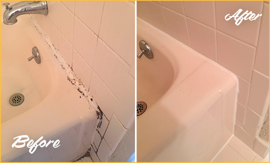 Before and After Picture of a Volente Bathroom Sink Caulked to Fix a DIY Proyect Gone Wrong