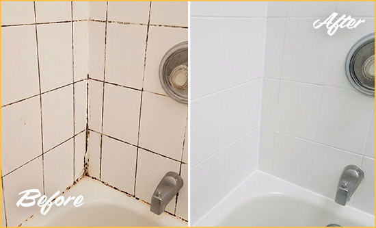 Before and After Picture of a Volente Tub Caulked to Remove and Avoid Mold
