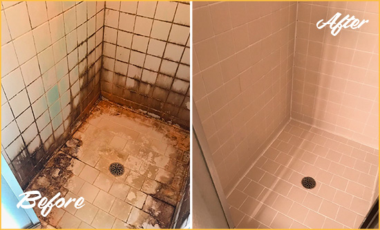 Before and After Picture of a Volente Shower Caulked to Fix and Prevent Water Damage