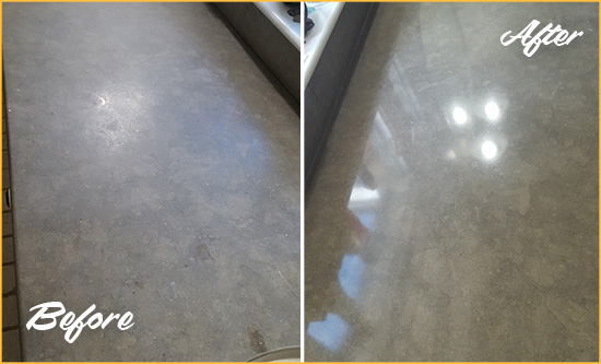 Before and After Picture of a Dull Austin Limestone Countertop Polished to Recover Its Color