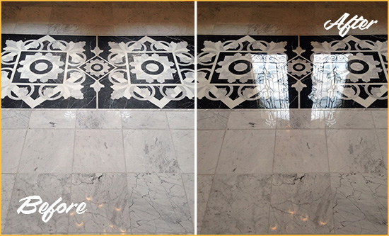 Before and After Picture of a Austin Marble Stone Floor Polished to a Mirror Shine