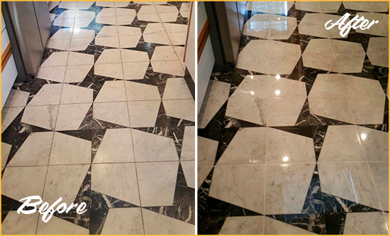 Before and After Picture of a Dull Volente Marble Stone Floor Polished To Recover Its Luster