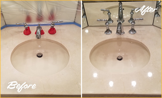 Before and After Picture of a Dull Austin Marble Stone Vanity Top Polished to Bring-Back Its Sheen