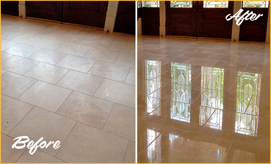 Before and After Picture of a Dull Austin Travertine Stone Floor Polished to Recover Its Gloss