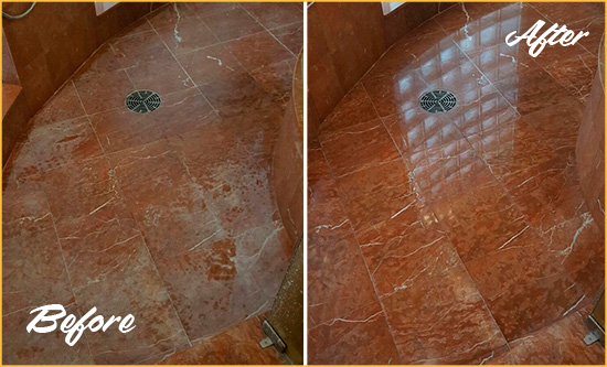 Before and After Picture of a Leander Marble Stone Shower Polished to Eliminate Mineral Deposits