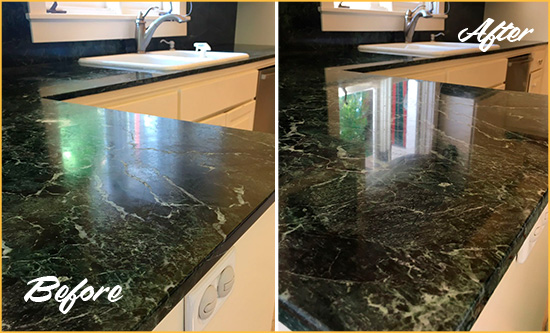 Before and After Picture of a Volente Marble Stone Counter Polished to Eliminate Water Marks