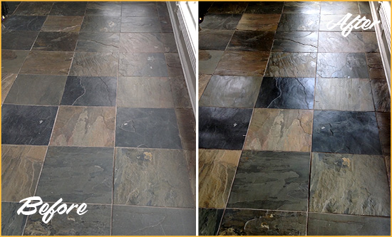 Before and After Picture of a Dull Leander Slate Floor Sealed to Bring Back Its Colors