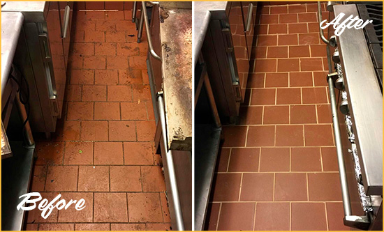 Before and After Picture of a Volente Restaurant Kitchen Floor Sealed to Remove Soil