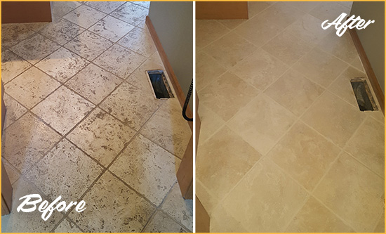Before and After Picture of a Volente Kitchen Marble Floor Cleaned to Remove Embedded Dirt