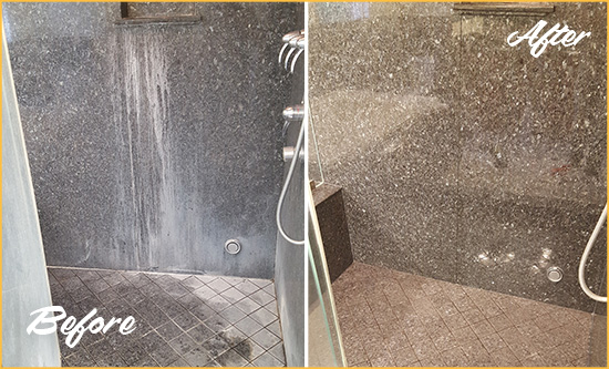 Before and After Picture of a Austin Granite Shower Stone Sealed to Avoid Mineral Deposits