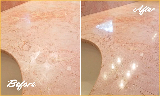 Before and After Picture of a Austin Marble Stone Vanity Top Sealed to Avoid Water Marks