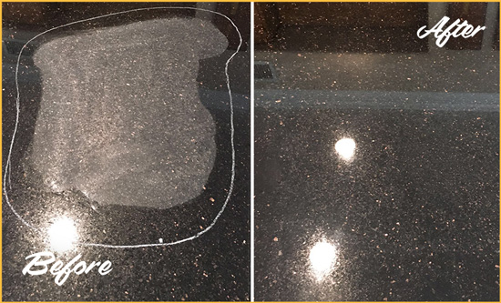 Before and After Picture of a Volente Granite Kitchen Countertop Honed to Eliminate Scratch
