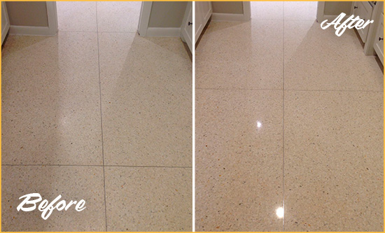 Before and After Picture of a Dull Volente Granite Floor Honed to Recover Its Sheen