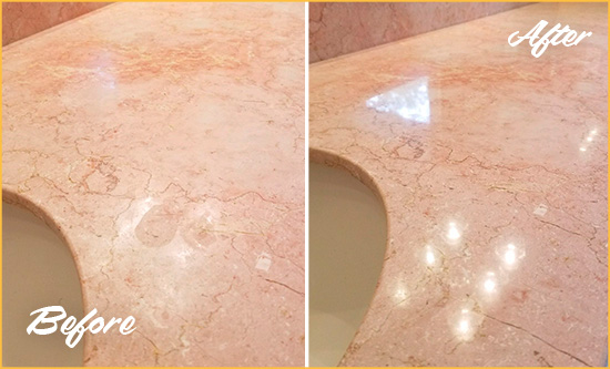 Before and After Picture of a Volente Marble Vanity Top Honed to Eliminate Water Spots