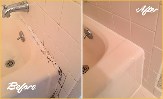 Before and After Picture of a Volente Hard Surface Restoration Service on a Tile Shower to Repair Damaged Caulking