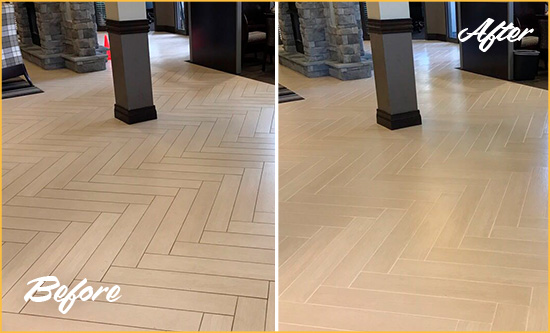 Before and After Picture of a Leander Hard Surface Restoration Service on an Office Lobby Tile Floor to Remove Embedded Dirt
