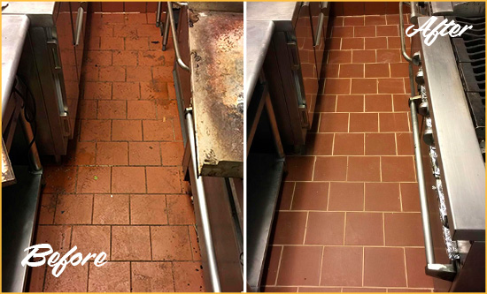 Before and After Picture of a Austin Hard Surface Restoration Service on a Restaurant Kitchen Floor to Eliminate Soil and Grease Build-Up