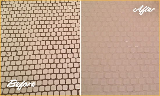 Before and After Picture of a Volente Hard Surface Restoration Service on a Bathroom Tile Floor Recolored to Fix Grout Color