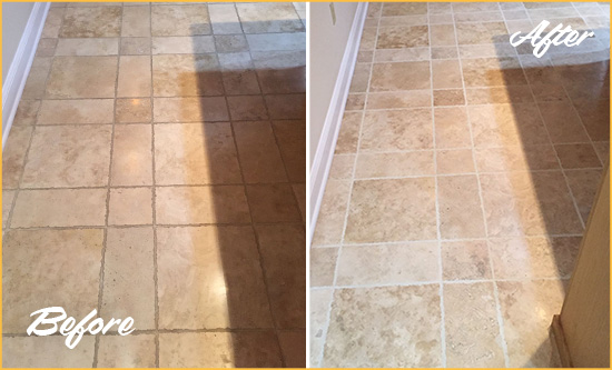 Before and After Picture of Volente Kitchen Floor Grout Cleaned to Recover Its Color