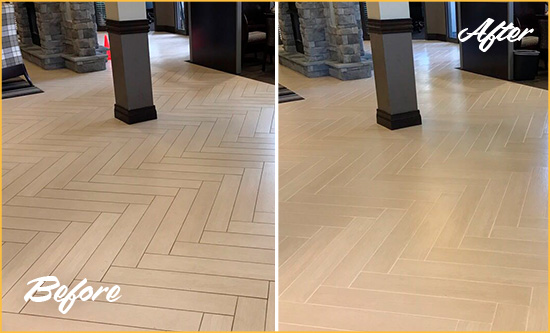 Before and After Picture of a Leander Lobby Floor Cleaned to Even the Grout Color