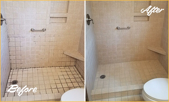 Before and After Picture of a Volente Shower Grout Cleaned to Remove Mold