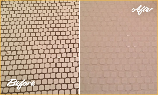 Before and After Picture of a Austin Mosaic Tile floor Grout Cleaned to Remove Dirt