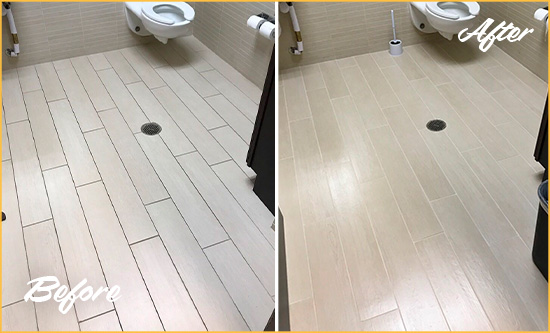 Before and After Picture of a Volente Office Restroom's Grout Cleaned to Remove Dirt