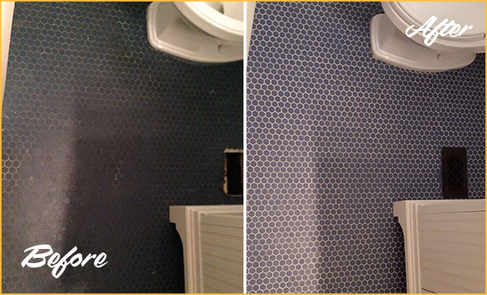 Before and After Picture of a Austin Blue Tile Floor Recolored Grout