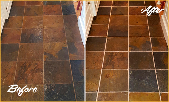 Before and After Picture of a Austin Slate Floor Recolored Grout