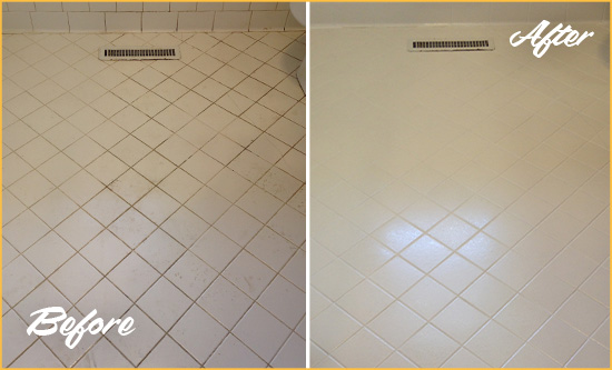 Before and After Picture of a Austin White Bathroom Floor Grout Sealed for Extra Protection