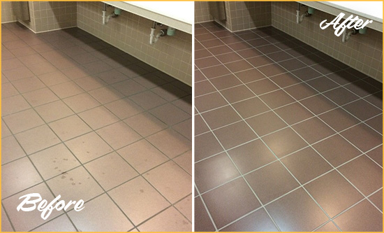 Before and After Picture of Dirty Volente Office Restroom with Sealed Grout