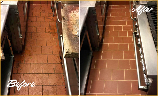 Before and After Picture of a Austin Restaurant Kitchen Floor Grout Sealed to Remove Dirt