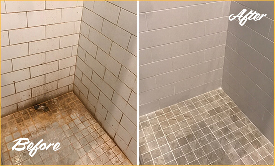 Before and After Picture of a Leander Shower Grout Sealed to Eliminate Mold