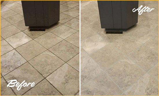 Before and After Picture of a Volente Kitchen Floor Grout Sealed to Remove Stains