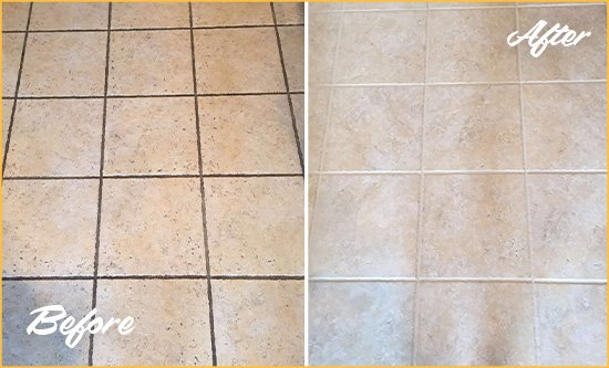 Before and After Picture of a Volente Ceramic Floor Cleaned to Remove Soil