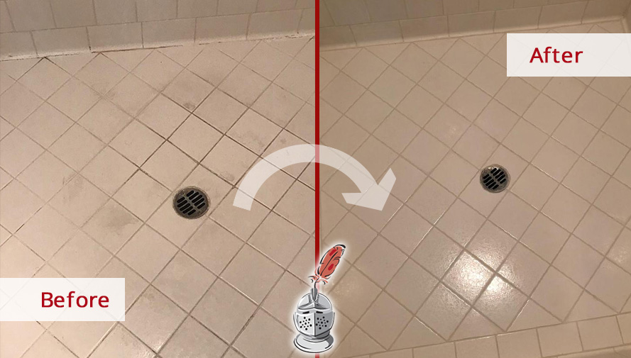 Picture of a Tile Shower Floor Before and After a Grout Sealing Service in Austin, TX