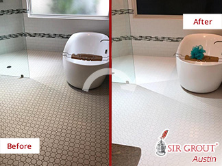 Before and After Picture of a Bathroom Floor Grout Sealing Job in Austin, TX