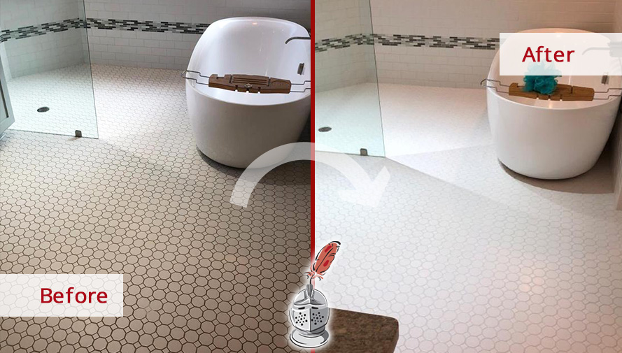 Bathroom Floor Before and After a Grout Sealing Service in Austin, TX