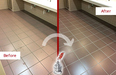 Before and After Picture of a Briarcliff Restrooms Tile and Grout Cleaned to Remove Embedded Dirt