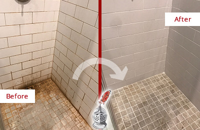 Before and After Picture of a Cedar Valley Shower Tile and Grout Cleaned to Eliminate Mold and Stains