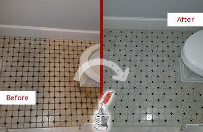 Before and After Picture of a San Leanna Bathroom Tile and Grout Cleaned to Remove Stains