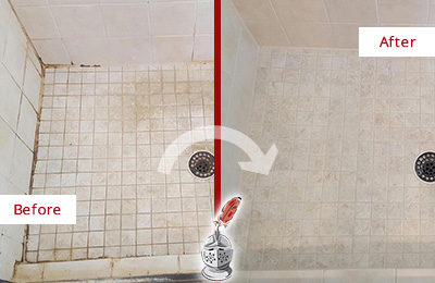 Before and After Picture of a Dripping Springs Shower Caulked to Fix Cracks