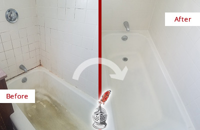 Before and After Picture of a Dripping Springs Bathtub Caulked to Repair Cracks