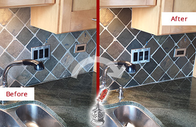 Before and After Picture of a Creedmoor Backsplash Caulked to Fix and Prevent Water Leaks