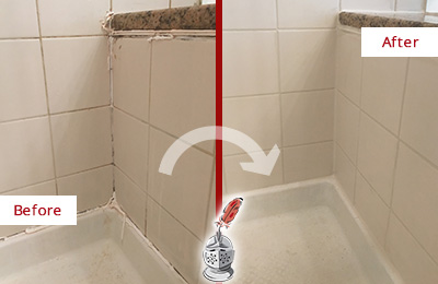 Before and After Picture of a Dripping Springs Shower Caulked to Repair Damaged Caulking