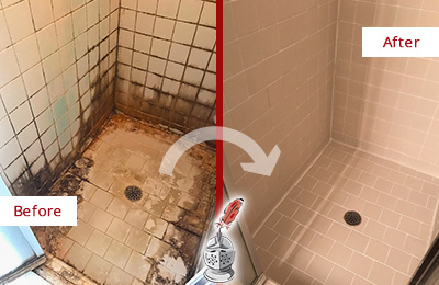 Before and After Picture of a Kyle Shower Caulked to Fix and Prevent Water Damage