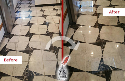Before and After Picture of a Dull Webberville Marble Stone Floor Polished To Recover Its Luster